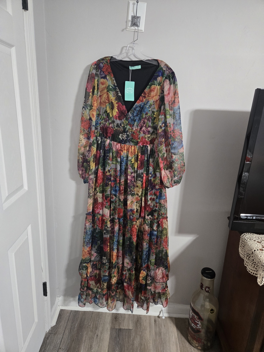 Floral V-Neck Long Sleeve Maxi Dress in Multicolor